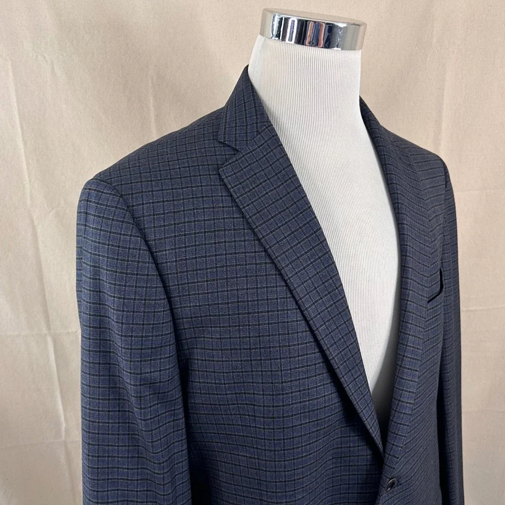 Hart Schaffner Marx 44R Sport Coat Wool Blend Blue Plaid Two Button Double Vent